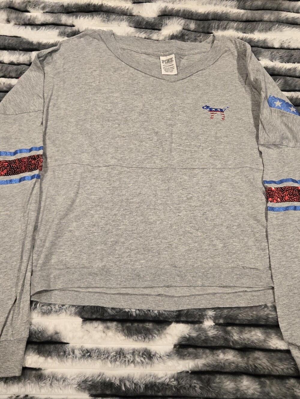 PINK Victoria's Secret Light Heather Gray Logo Pateiotic Tee XS